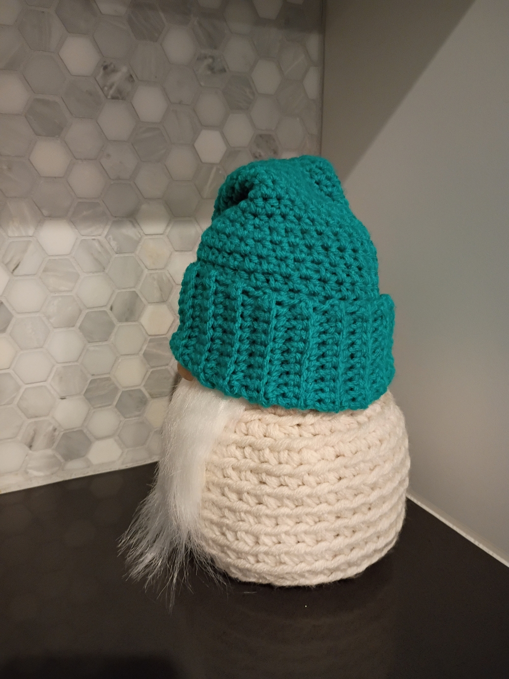 Handmade Teal Knit Gnome with White Beard - Picture 2 of 3